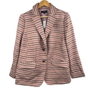 TALBOTS Plus Women's Pink Plaid Wool Houndstooth Blazer Size 14W Shetland NWT